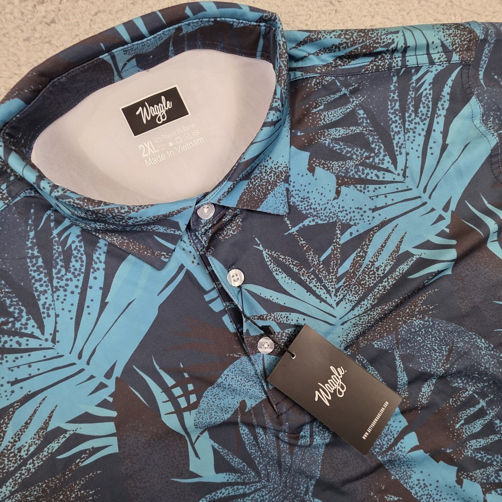 Waggle Golf Polo Shirt Mens 2XL Blue Palms Performance Stretch‎ NEW